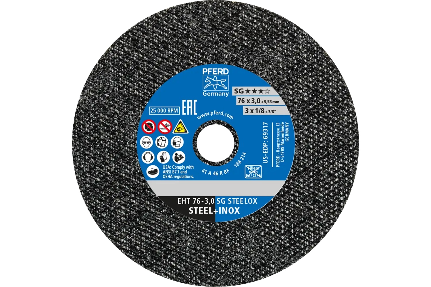Picture of Pferd Die Grinder Cut-Off Wheel, 3" X 1/8 X 3/8, Sg Steelox, T1, Aluminum Oxide